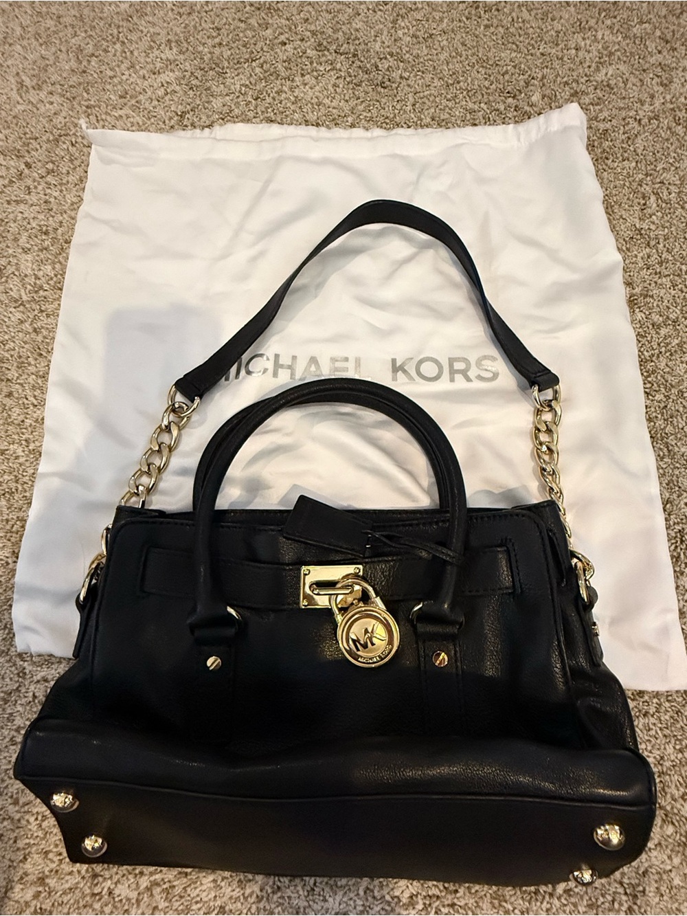 Michael Kors Hamilton Black Leather Satchel with Gold Accents and Cloth bag